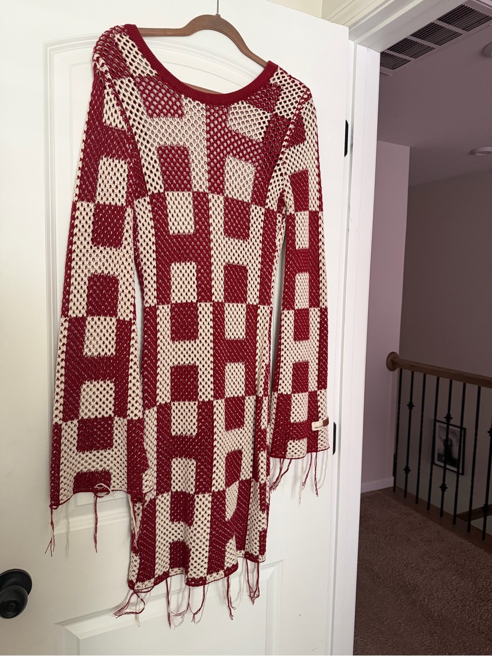 Backless Women’s Crochet Dress in Red and Cream